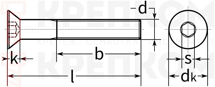 Винт с потайной головкой и внутренним шестигранником DIN 7991 ISO 10642 - чертеж, схема Винт с потайной головкой и внутренним шестигранником DIN 7991 ISO 10642 - чертеж, схема