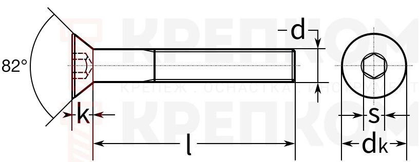 Винт с потайной головкой и внутренним шестигранником DIN 7991 ISO 10642 - чертеж, схема